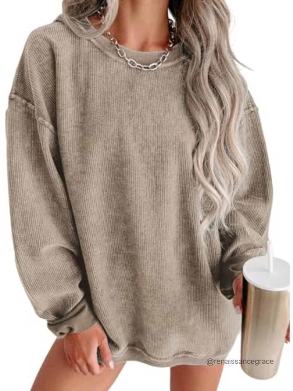 Oversized Crew Neck Pullover Sweatshirt Ribbed Corded Long Sleeve